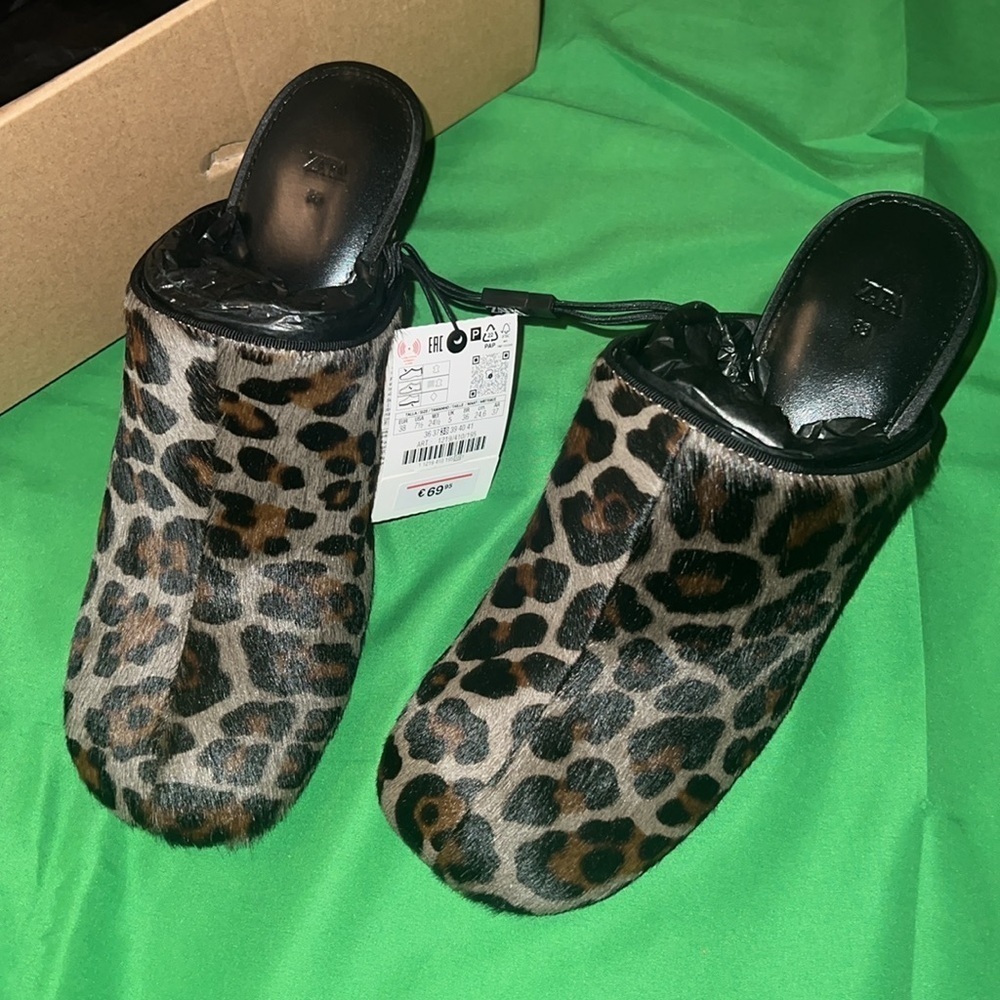 NWT Zara 100% Cow Fur Skin/ 90% Goat Leather Animal Print Mules size 38 - Picture 10 of 13